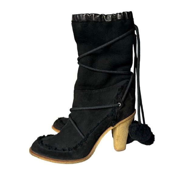 DIOR Boots Sz.9.5 Black Suede Shearling High Heel Pom Pom Drawstrings Fur Trim - Picture 7 of 16